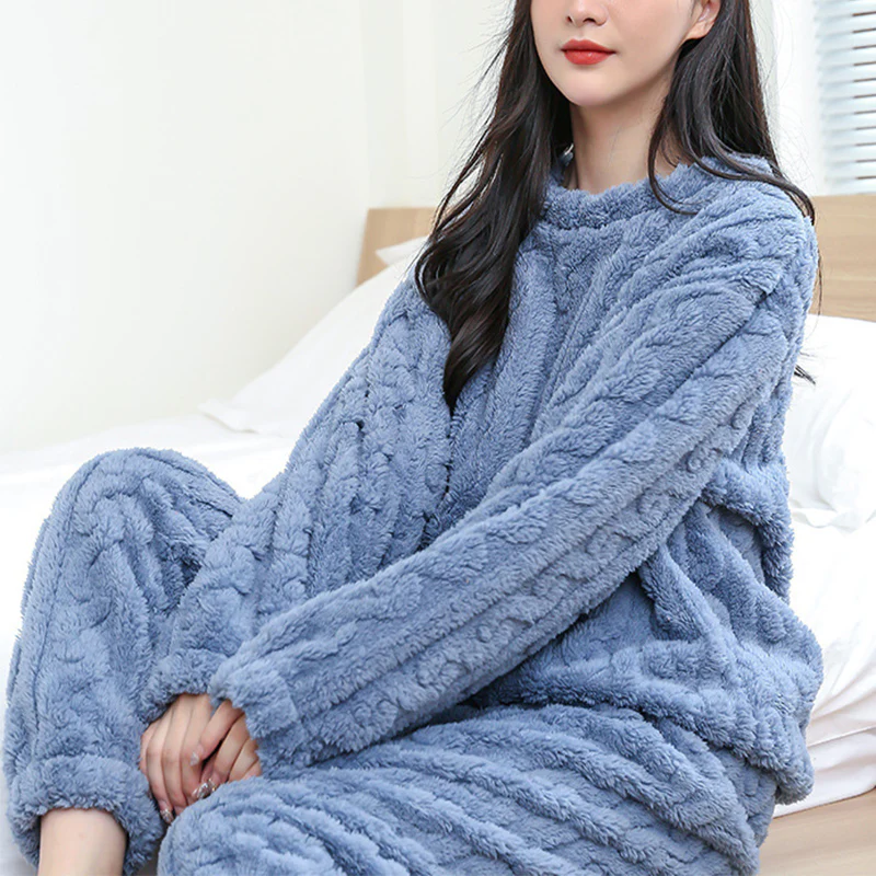"Cozy up in style with our Fluffy Pajama Set – Thick coral velvet perfection for comfort