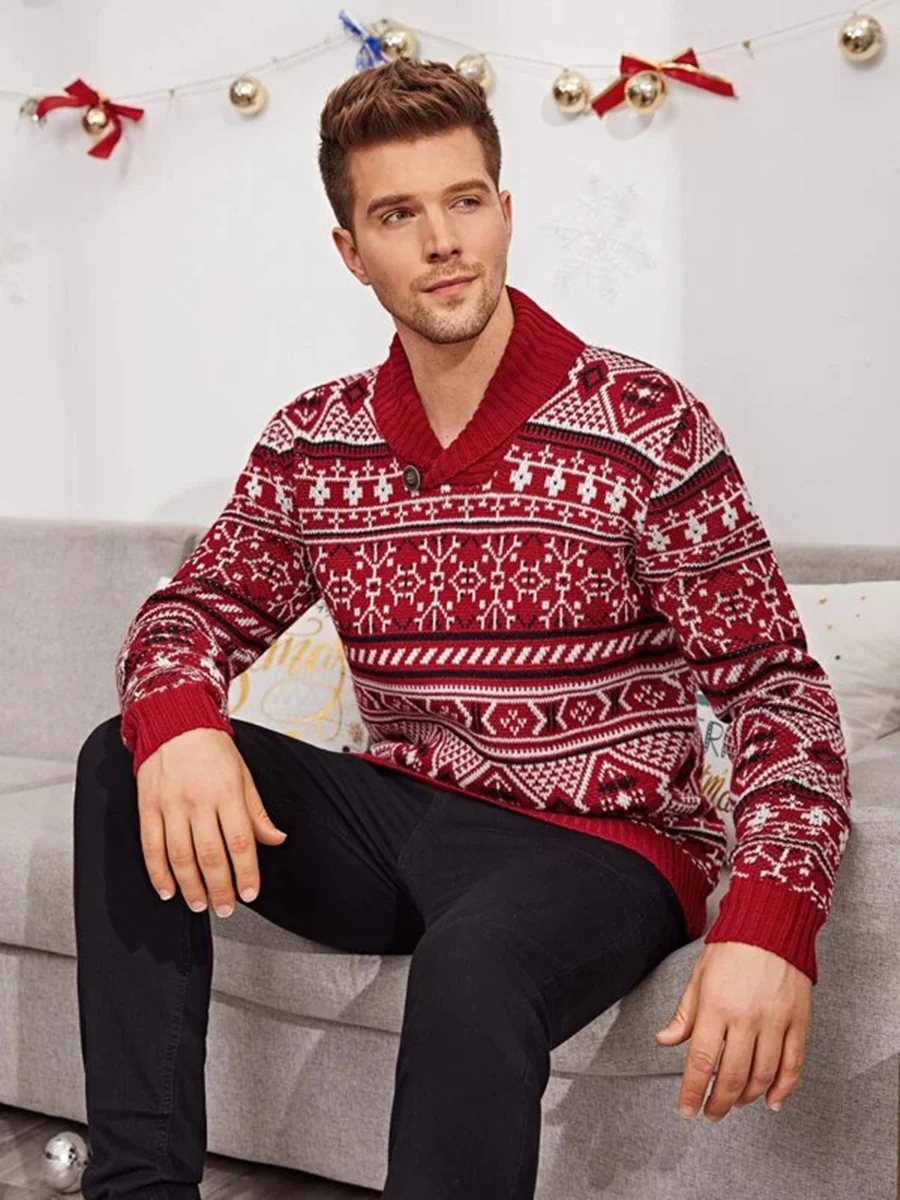 "Embrace festive style with our Christmas Elk Lapel Knitted Sweater for men. Shop warmth and style